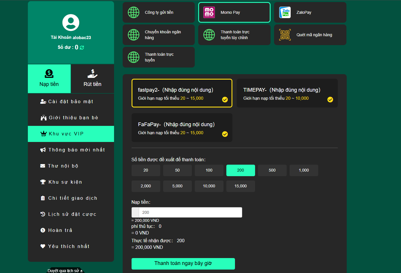 OK365 cung cấp nhiều phương thức nạp tiền để đáp ứng nhu cầu đa dạng của người chơi